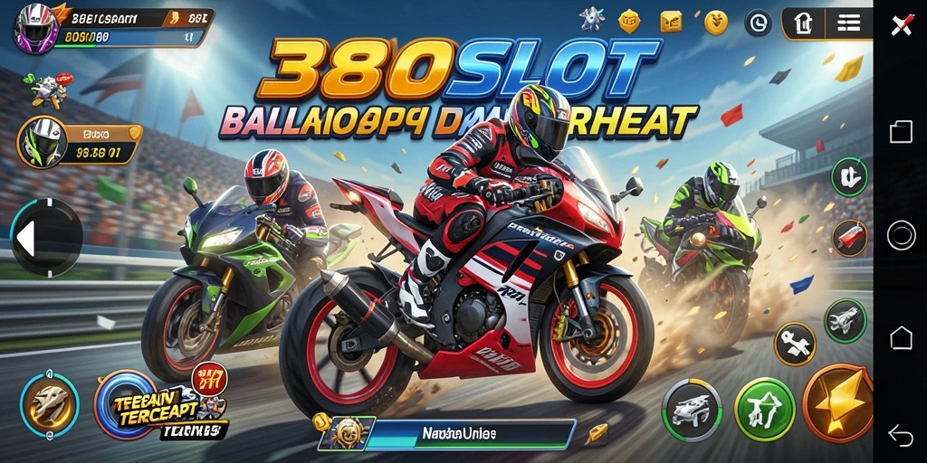 Tampilan gameplay seru dari 380SLOT saat mengendarai motor balap.