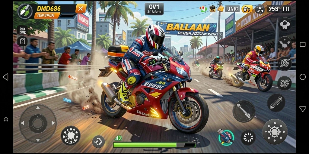 Gameplay seru DMD686 dengan balapan motor yang mendebarkan.