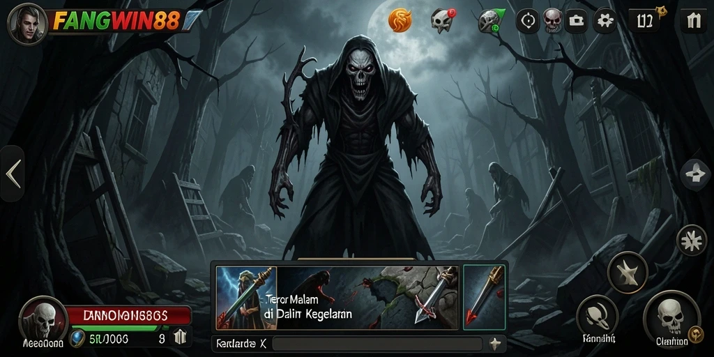 Screenshot gameplay FANGWIN88 menampilkan suasana horor yang mencekam.