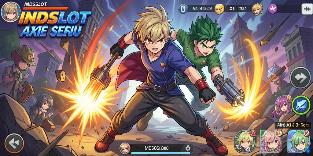 Screenshot INDSLOT menampilkan karakter anime beraksi di tengah pertarungan epik.