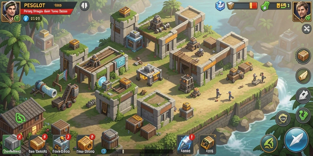 Screenshot gameplay PESGSLOT menampilkan pertarungan menara yang intens.