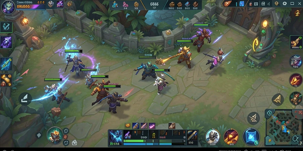 Screenshot SR6666 menunjukkan aksi tim dalam gameplay MOBA yang mendebarkan.