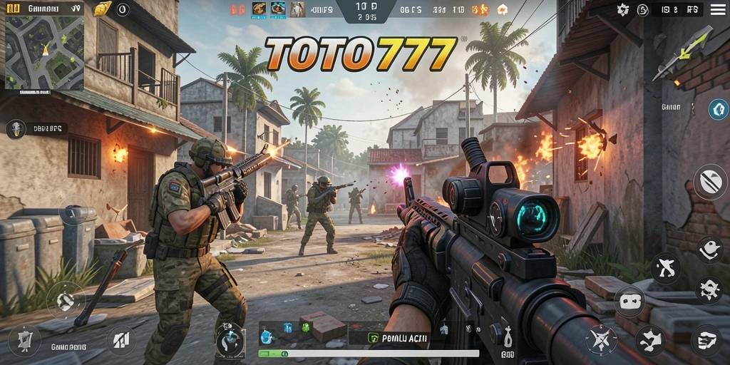 Screenshot utama TOTO777 menampilkan aksi tembak-menembak yang intens.