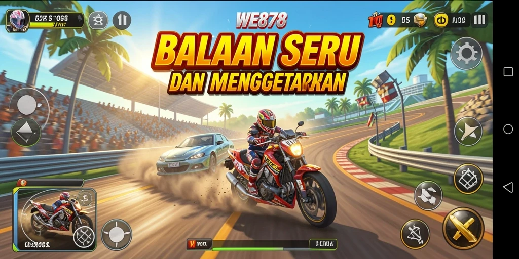 Tangkapan layar gameplay WE878 yang menunjukkan aksi balapan mendebarkan.